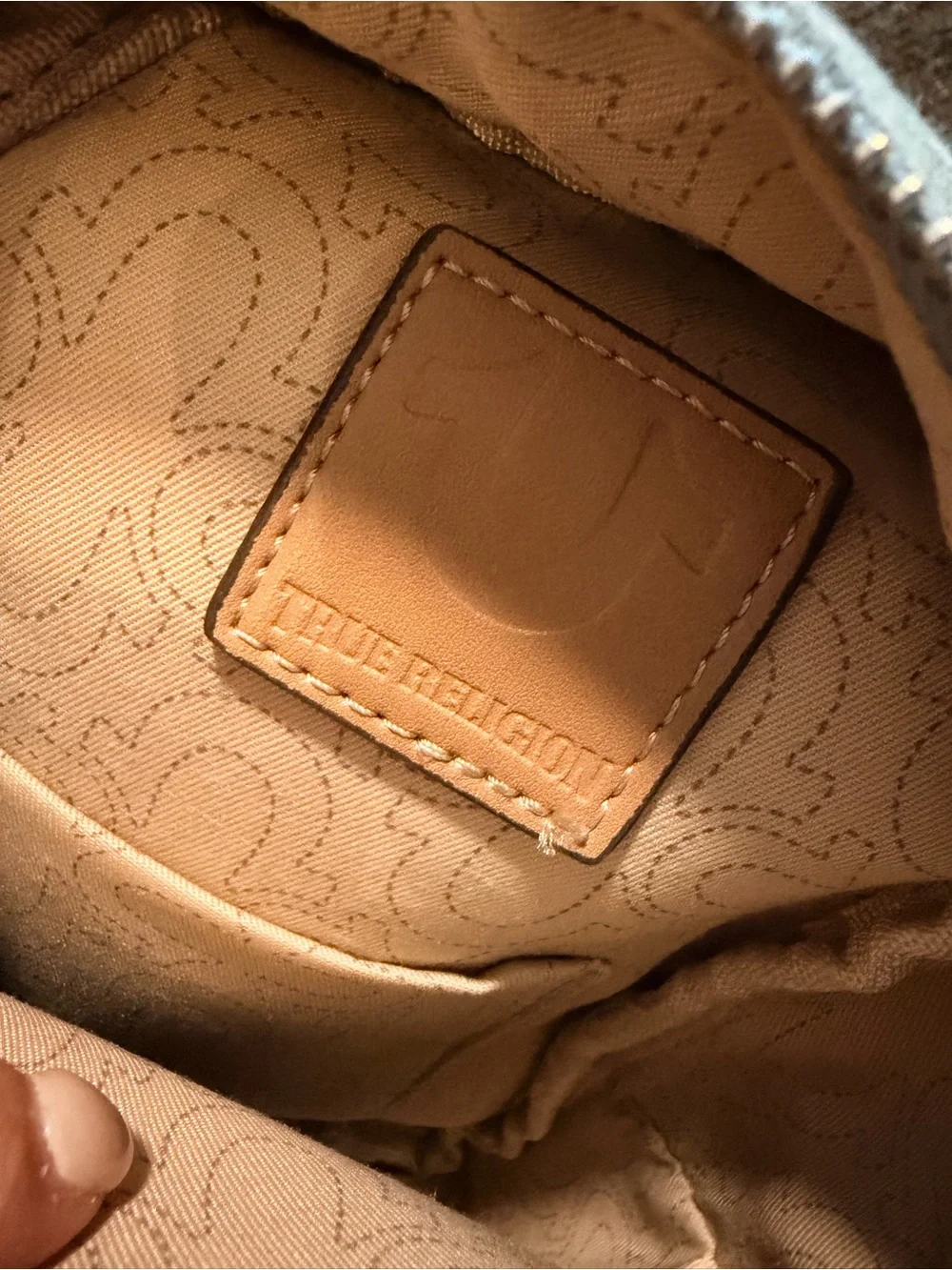 True Religion Light Denim Sling Bag with Tan Strap